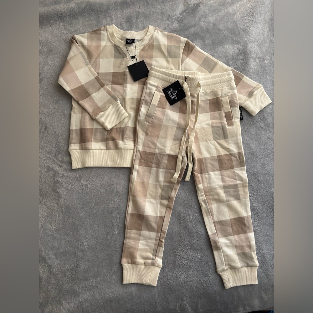 Plaid Beige and Brown Sweatsuit Set